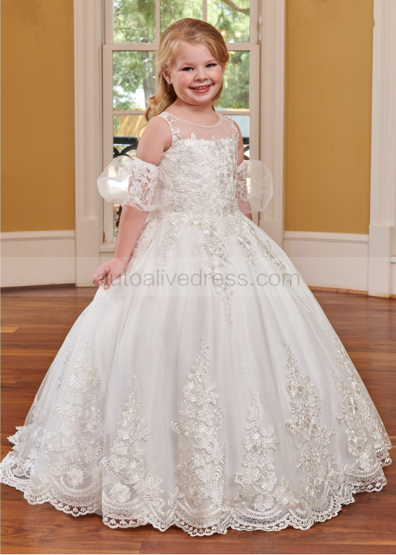 Ivory Lace Tulle Flower Girl Dress With Detachable Puff Sleeves